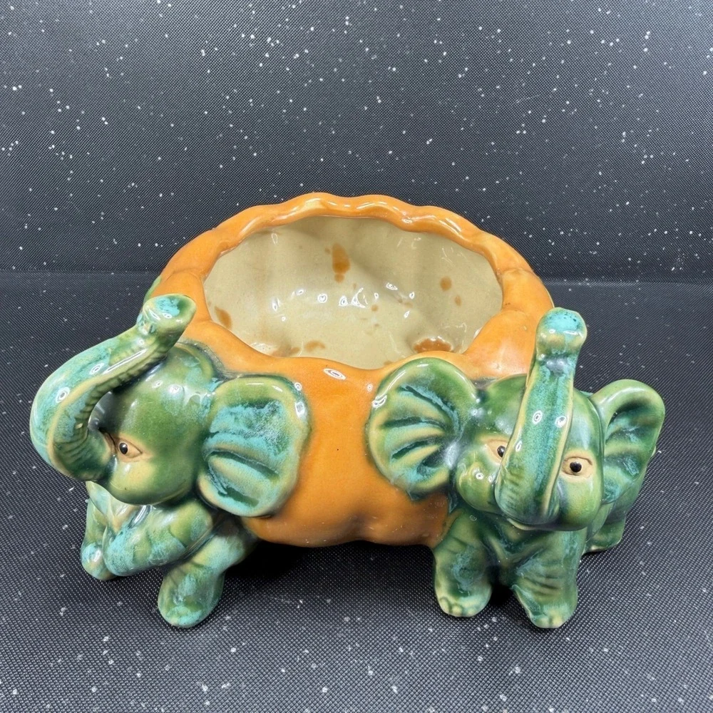 Vintage Majolica Style Elephant Pumpkin Ceramic Planter Green Orange Dish Bowl